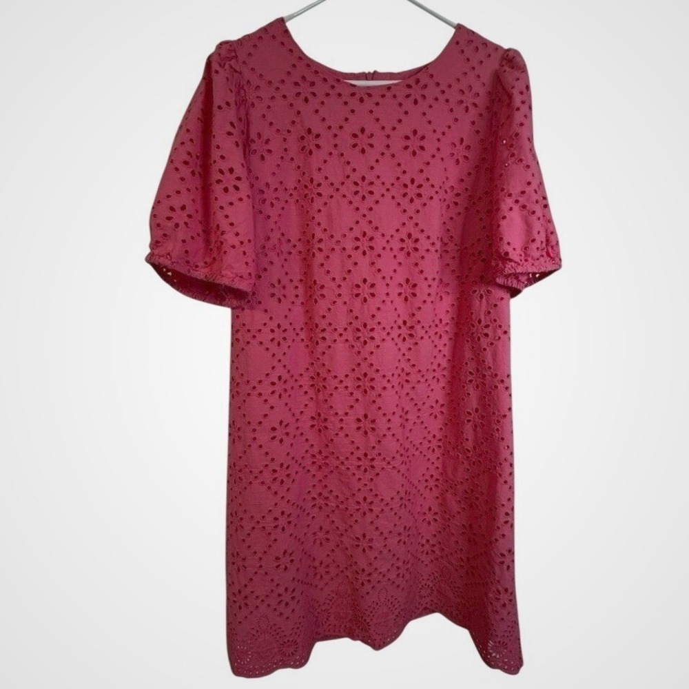 London Times Fuchsia Eyelet Mini Shift Dress 100% Cotton Size 16W